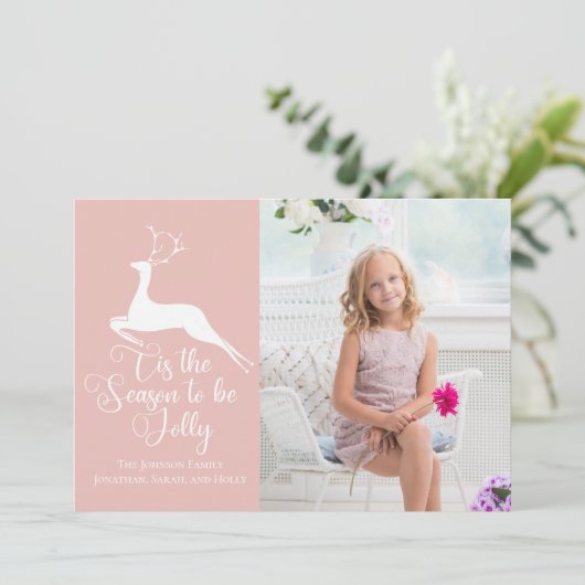  Zacht Roze Kerstrendier Kinder Foto Feestdagenkaart (Staand voorkant)