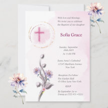 Zacht Roze Kruis & Bloemen Meisje Doop Uitnodiging