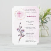 Zacht Roze Kruis & Bloemen Meisje Doop Uitnodiging (Staand voorkant)