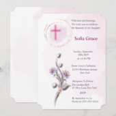 Zacht Roze Kruis & Bloemen Meisje Doop Uitnodiging (Voorkant / Achterkant)