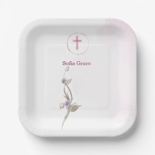 Zacht Roze Kruis & Bloemen Meisje Doopsel papieren Bordje