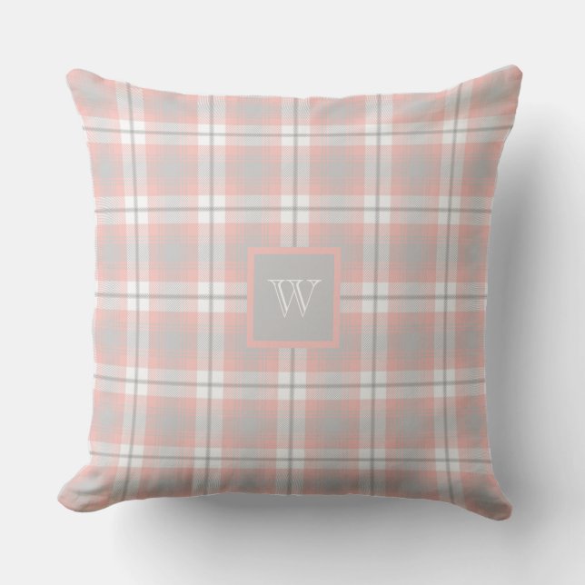 Zacht roze monogram Gingham Girly Pset Buitenkussen (Voorkant)