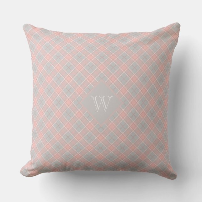 Zacht roze monogram Gingham Girly Pset Buitenkussen (Voorkant)