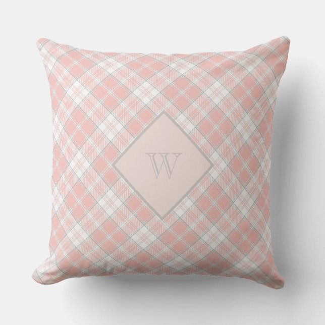 Zacht roze monogram Gingham Girly Pset Buitenkussen (Voorkant)