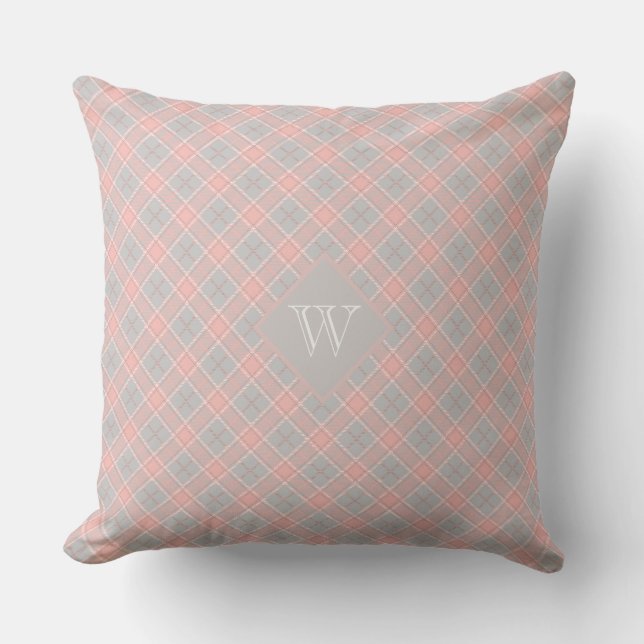 Zacht roze monogram Gingham Girly Pset Kussen (Voorkant)