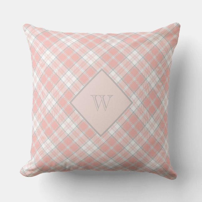 Zacht roze monogram Gingham Girly Pset Kussen (Voorkant)