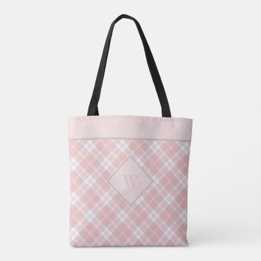 Zacht roze monogram Gingham Girly Pset Tote Bag (Achterkant)