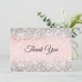 Zacht roze nepbloos zilveren glinster monogram bedankkaart (Staand voorkant)