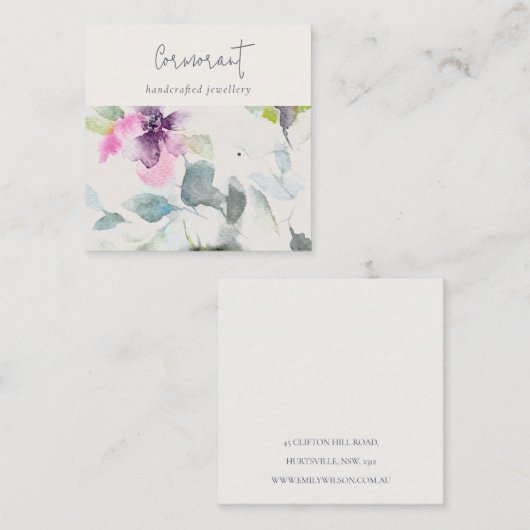 Zacht Roze Paarse Bloemen Script Oorbel Stud Holde Vierkante Visitekaartje (Voorkant / Achterkant)