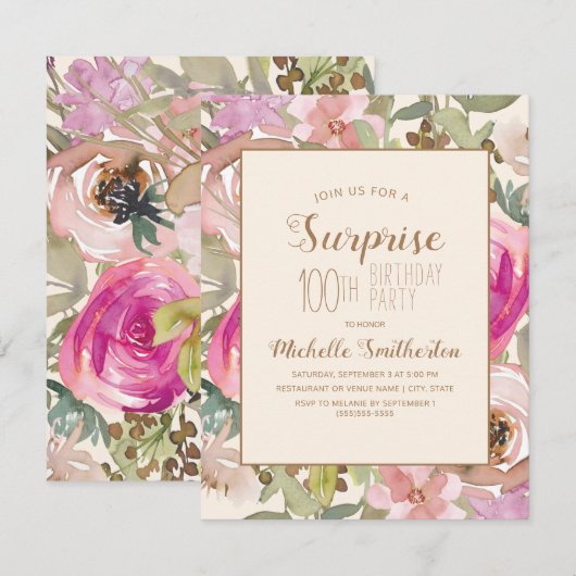 Zacht roze Paarse Floral Verrassend 100e verjaarda Kaart (Voorkant / Achterkant)