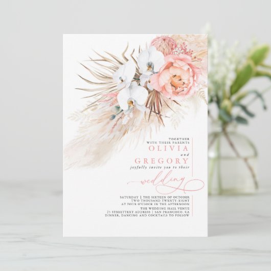 Zacht roze pampas grass Tropical Wedding Kaart (Staand voorkant)