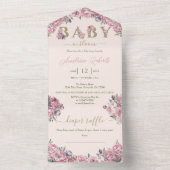 Zacht roze pioenen Elegant Floral Baby shower All In One Uitnodiging (Binnen)
