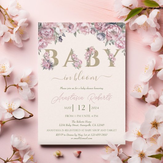 Zacht roze pioenen Elegant Floral Baby shower Kaart