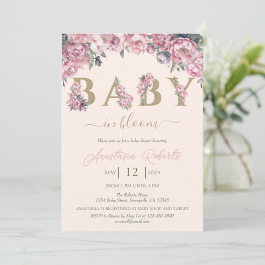 Zacht roze pioenen Elegant Floral Baby shower Kaart (Staand voorkant)