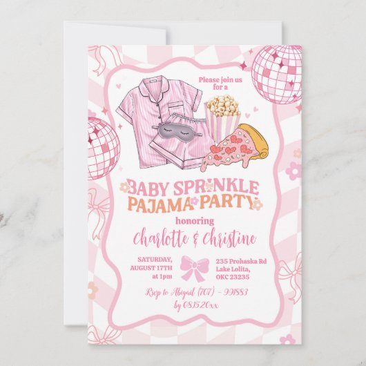 Zacht Roze Retro Baby Sprinkle Pajama Party Kaart (Voorkant)
