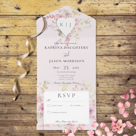 Zacht Roze Romantisch Hart  Bloemen Geen Diner All In One Uitnodiging