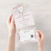 Zacht Roze Romantisch Hart  Bloemen QR Code All In One Uitnodiging (Afscheurbaar)