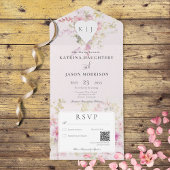 Zacht Roze Romantisch Hart Bloemen QR Code All In One Uitnodiging