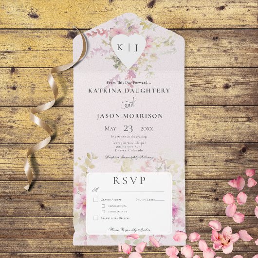 Zacht Roze Romantisch Hart  Bloemendiner All In One Uitnodiging