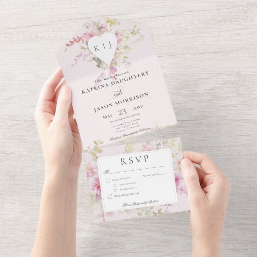 Zacht Roze Romantisch Hart Bloemendiner All In One Uitnodiging (Afscheurbaar)