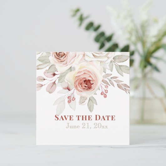 Zacht roze Romantisch Roos op het witte huwelijk Save The Date (Staand voorkant)
