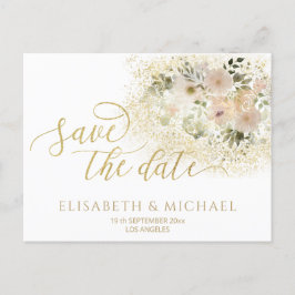 Zacht roze romantische florale goudkalligrafie aankondigingskaart