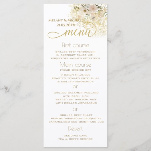 Zacht roze romantische florale goudkalligrafie menu (Voorkant)