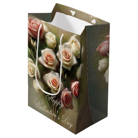 Zacht roze roze rozen hartritme bouquet valentijn medium cadeauzakje (Voorkant Gekanteld)