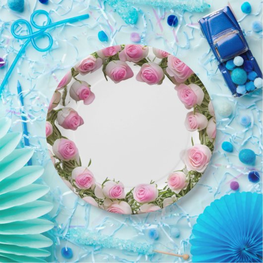 Zacht Roze Rozen Borden, 9"Rond Document Bord (Feest)