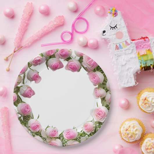 Zacht Roze Rozen Borden, 9"Rond Document Bord (Feest)