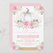 Zacht roze rozen en pompoen 1e verjaardag kaart (Voorkant / Achterkant)