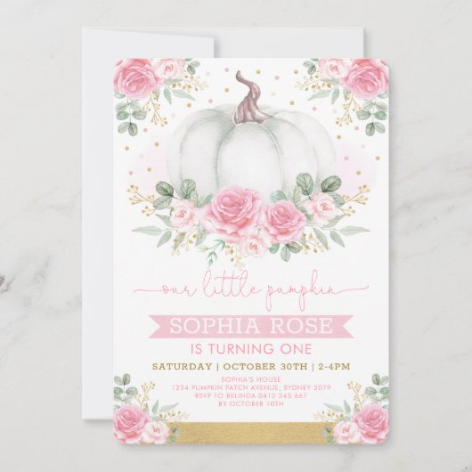 Zacht roze rozen en pompoen 1e verjaardag kaart (Voorkant)
