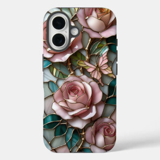 Zacht roze rozen in luxe Glas in lood artwork iPhone 16 Hoesje