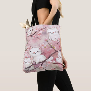 Zacht Roze Sakura Bloemen Schattige Kattenpatroon Tote Bag