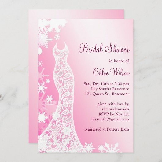 Zacht Roze Snowflakes Bridal Shower Invitation 2 Kaart (Voorkant / Achterkant)