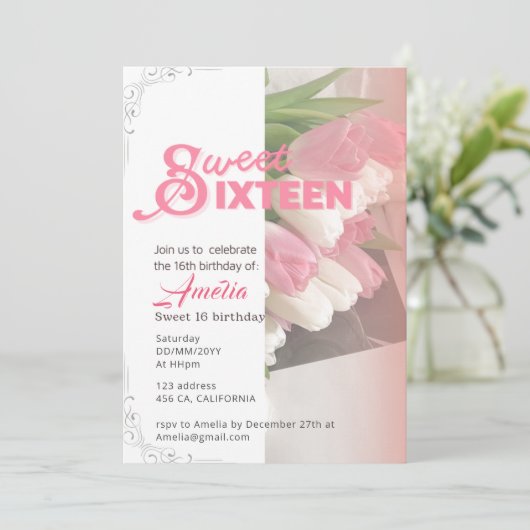 Zacht roze tulp elegant zoet 16 Uitnodiging (Staand voorkant)
