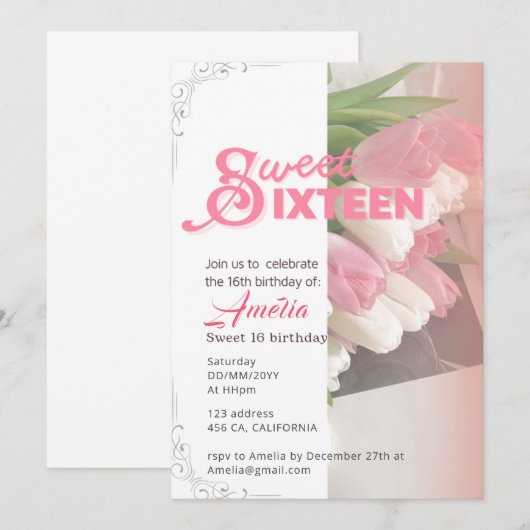 Zacht roze tulp elegant zoet 16 Uitnodiging (Voorkant / Achterkant)
