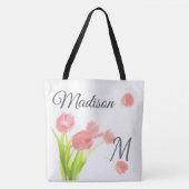 Zacht Roze Tulpen Trendy Initiaal Naam Monogram Tote Bag (Voorkant)