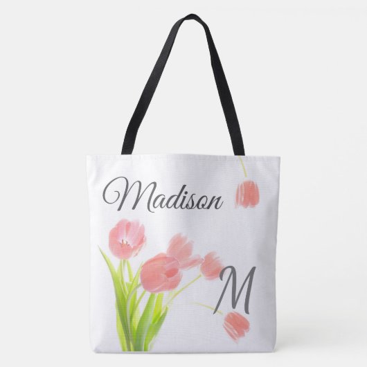 Zacht Roze Tulpen Trendy Initiaal Naam Monogram Tote Bag (Voorkant)
