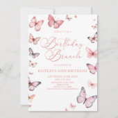 Zacht roze vlinder verjaardag brunch party kaart (Voorkant)