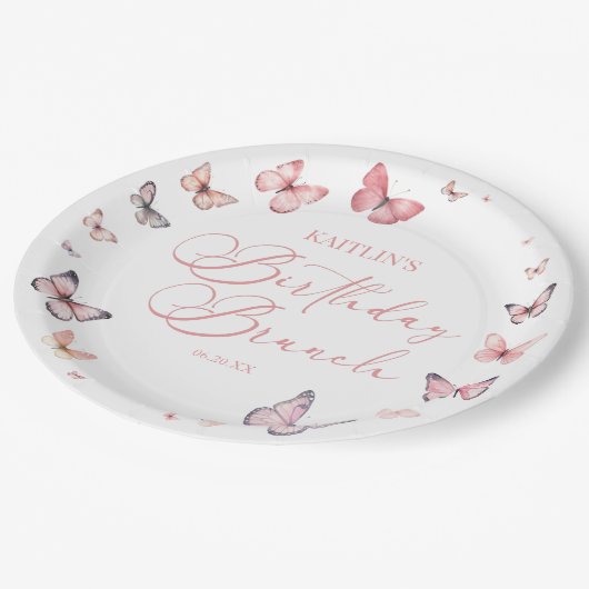 Zacht roze vlinder verjaardag brunch party papieren bordje (Gekanteld)