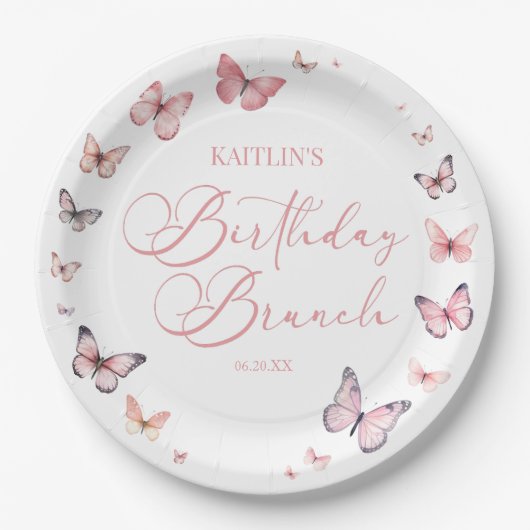 Zacht roze vlinder verjaardag brunch party papieren bordje (Voorkant)