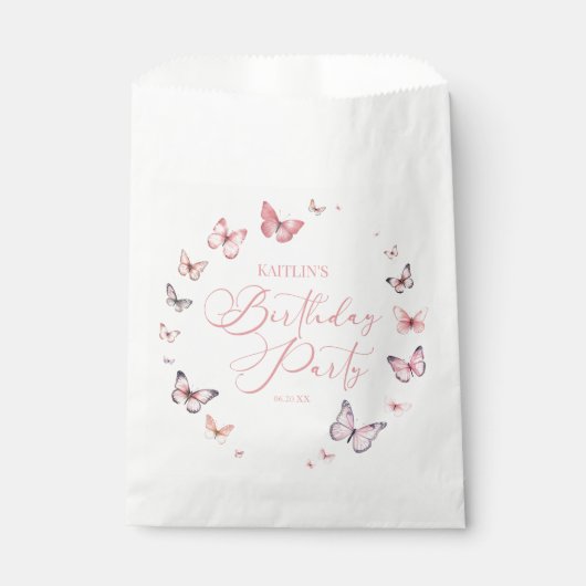 Zacht roze vlinder verjaardagsfeestje bedankzakje (Voorkant)