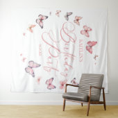 Zacht roze vlinder verjaardagsfeestje wandkleed (In Situ (horizontaal))