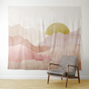 Zacht Roze Waterverf Bergen Landschap Tapestry Wandkleed