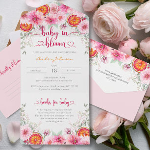 Zacht Roze Waterverf Bloemen & Citrus Baby shower All In One Uitnodiging