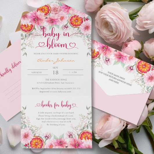 Zacht Roze Waterverf Bloemen & Citrus Baby shower All In One Uitnodiging