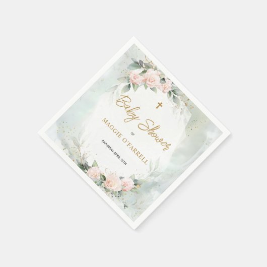 Zacht Roze Waterverf Bloemen en Cross Baby shower Servet (Hoek)