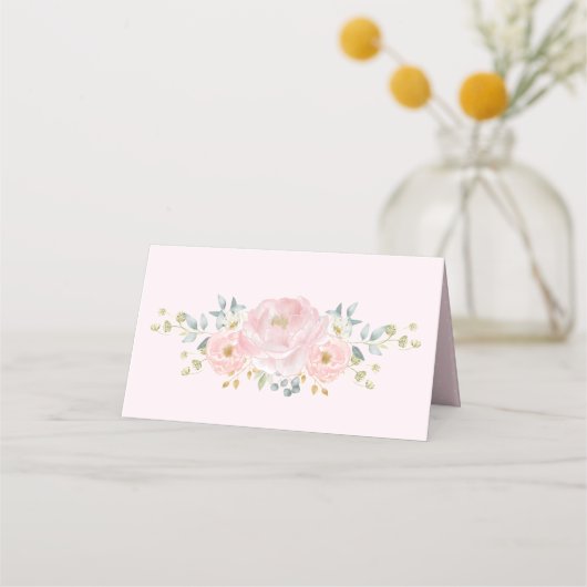 Zacht Roze Waterverf Bloemen Groen Bruiloft Plaatskaartje (Achterkant)