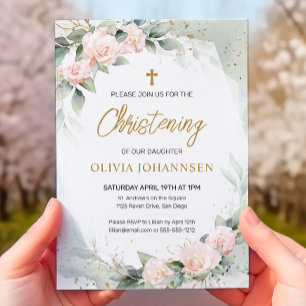 Zacht Roze Waterverf Bloemen Groen doopsel Kaart